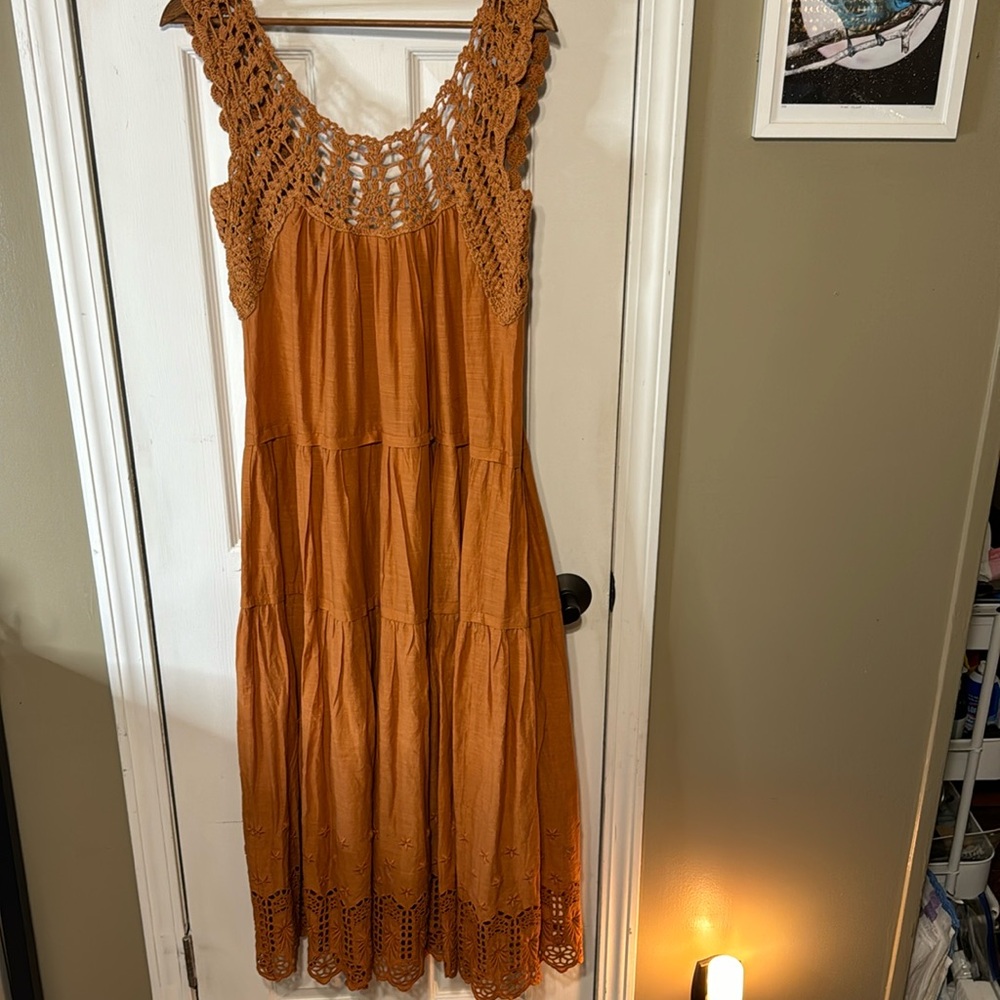 THE GREAT. Crochet-Trim Maxi Dress in Rust